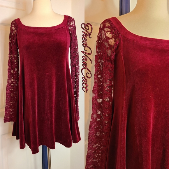 90s Betsey Johnson LUXE lace sleeves burgundy wine red VELVET mini dress / tunic - Picture 3 of 9